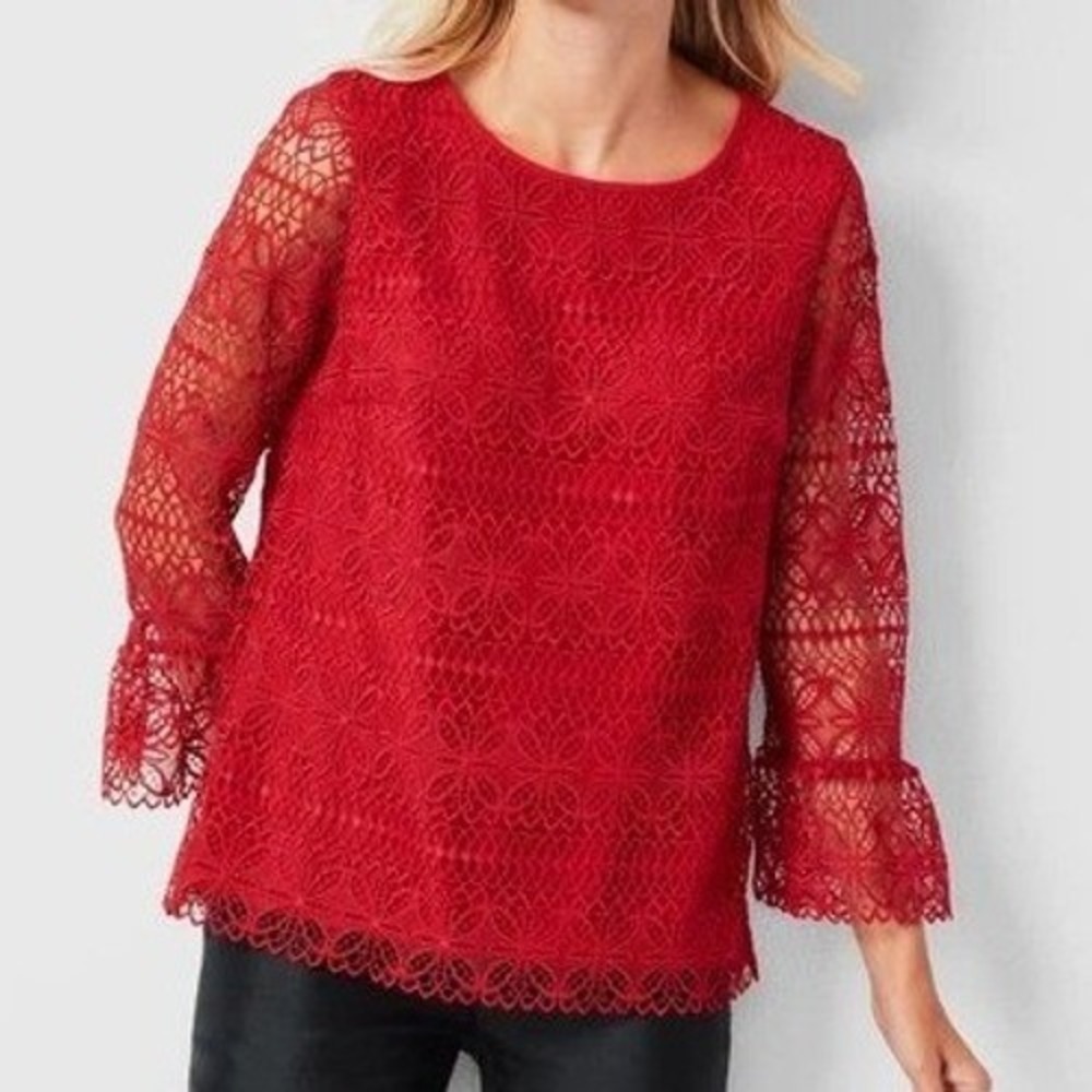 NWT Talbots Lace Blouse Womens XS Feminine Red Bell Sleeve Boho Romantic Evening